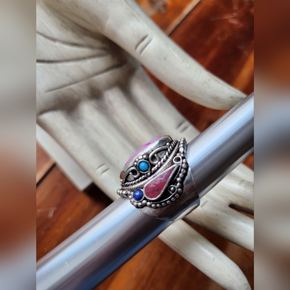 Agate, Lapis, Turquoise & Coral Gemstone Adjustable Statement Ring - Picture 16 of 16